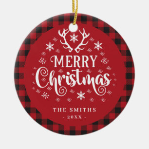 Retro Merry Christmas Red and White Custom Ceramic Ornament