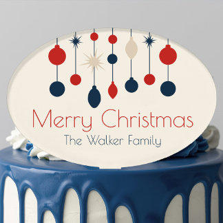 Retro Merry Christmas Red Blue Ornaments Party Cake Topper