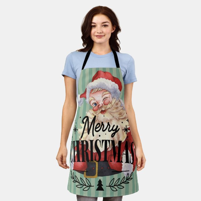 Retro Merry Christmas Red Santa Cute stripes Green Apron (Worn)