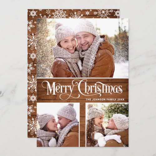  Retro Merry Christmas Rustic 3 PHOTO Greeting Holiday Card