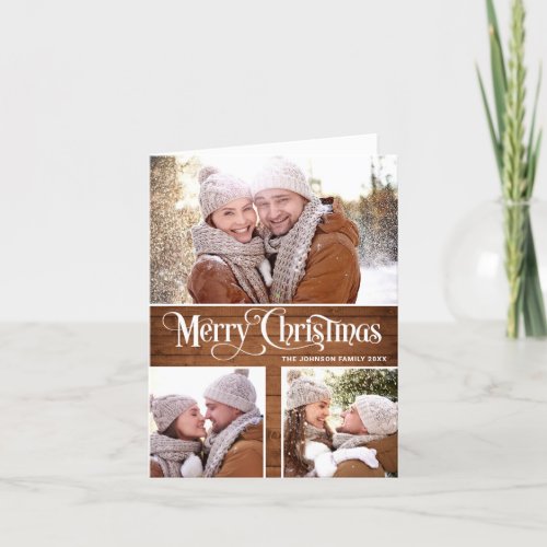  Retro Merry Christmas Rustic 3 PHOTO Greeting Holiday Card