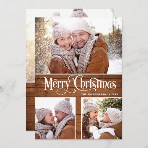  Retro Merry Christmas Rustic 4 PHOTO Greeting Holiday Card