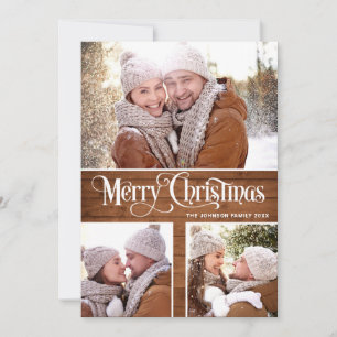 Retro Merry Christmas Rustic 4 PHOTO Greeting Holiday Card