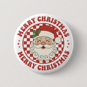 Retro Merry Christmas Santa Claus Checkerboard Button