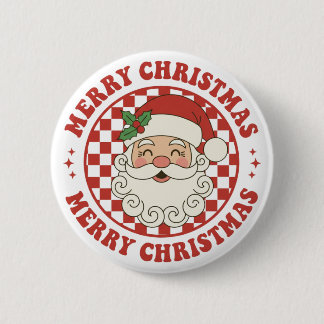 Retro Merry Christmas Santa Claus Checkerboard Button