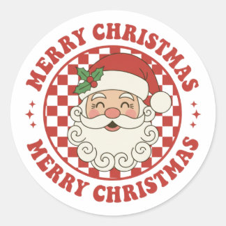 Retro Merry Christmas Santa Claus Checkerboard Classic Round Sticker
