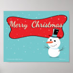 Retro Merry Christmas Snowman Poster<br><div class="desc">This Christmas poster features a happy retro style cartoon snowman in the middle of a small snow flurry. In the background is a bold red mid-century style sign shape with vintage style script spelling out "Merry Christmas".</div>
