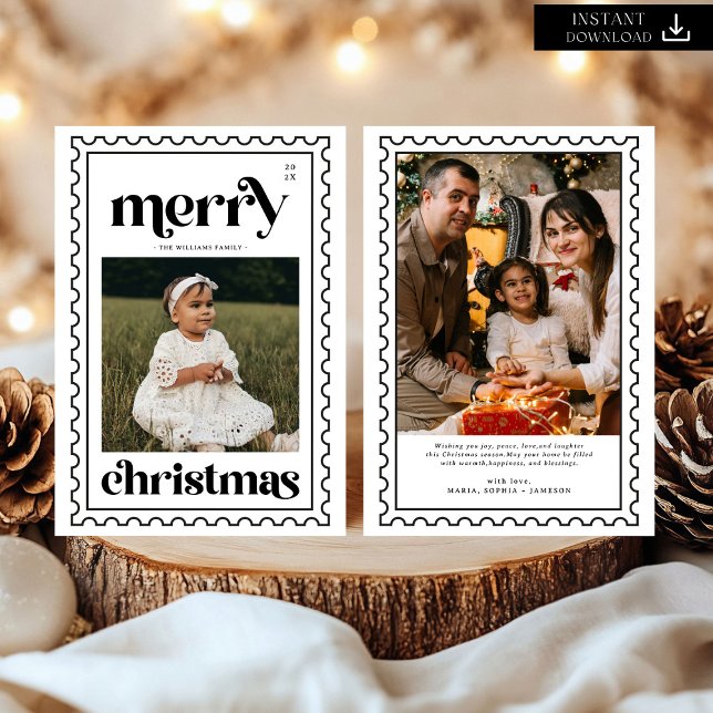 Retro Merry Christmas Stamp Photo Family  Holiday Card (Creator Uploaded)
