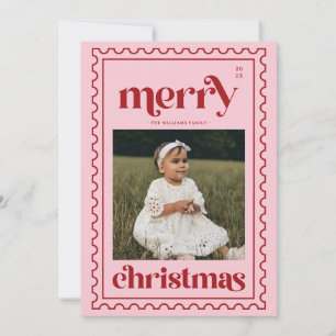 Retro Merry Christmas Stamp Photo Family Holiday Card