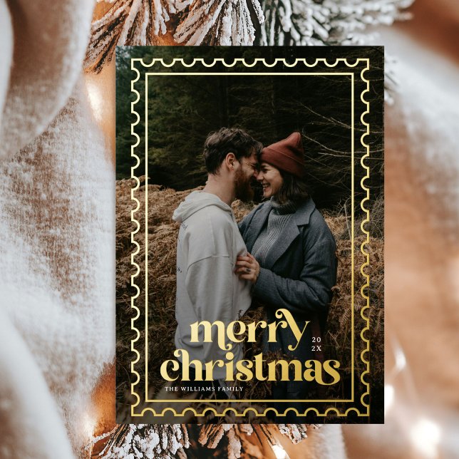 Retro Merry Christmas Stamps  photo Couples Foil Holiday Card (Creator Uploaded)