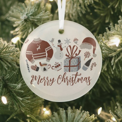 Retro Merry Christmas Sweater Glass Ornament