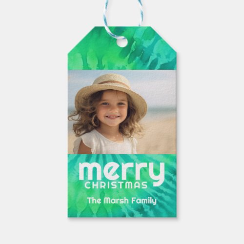 Retro Merry Christmas Tie_Dye Teal Photo 70s Vibe Gift Tags