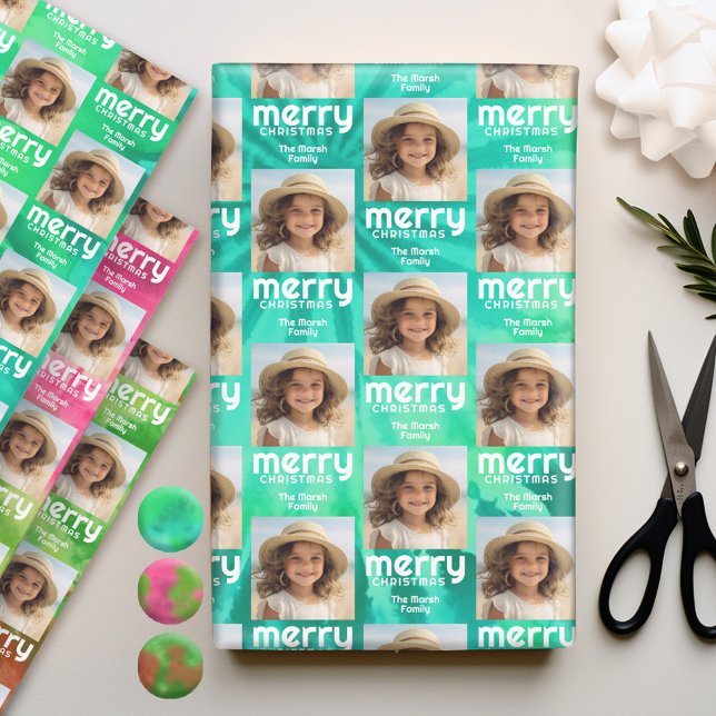 Retro Merry Christmas Tie-Dye Teal Photo 70s Vibe Wrapping Paper Sheets (Personalized Photo Wrapping Paper)