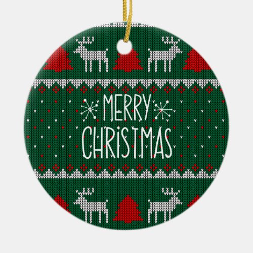 Retro Merry Christmas Tree Reindeer Ceramic Ornament