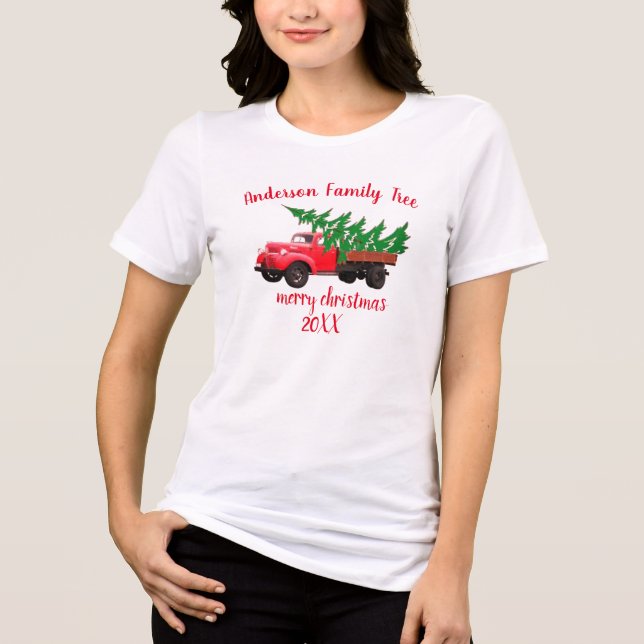 Retro merry christmas tree truck family christmas Tri-Blend shirt (Front)