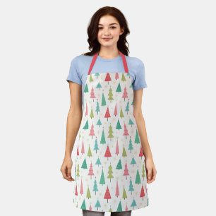 Retro Merry Christmas Trees Fun Holiday Pattern Apron