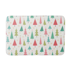 Retro Merry Christmas Trees Fun Holiday Pattern Bath Mat