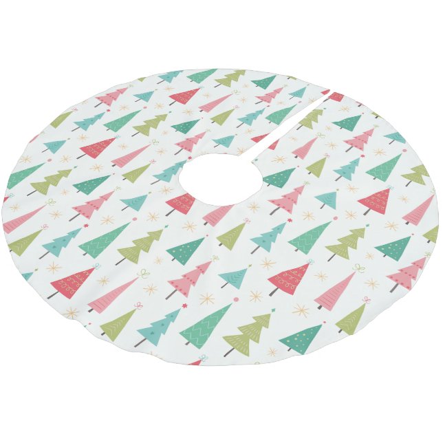 Retro Merry Christmas Trees Fun Holiday Pattern Brushed Polyester Tree Skirt (Angled)
