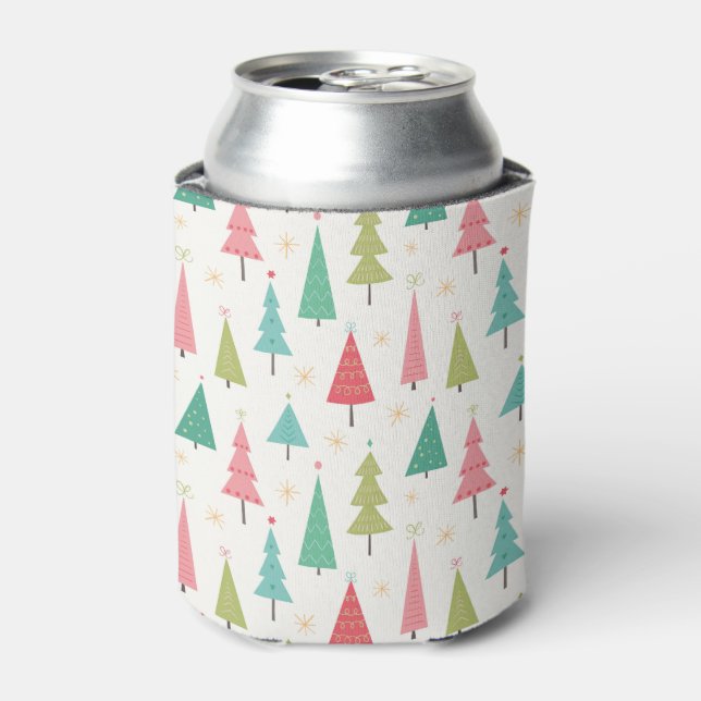 Retro Merry Christmas Trees Fun Holiday Pattern Can Cooler (Can Front)