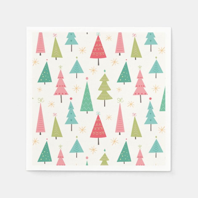 Retro Merry Christmas Trees Fun Holiday Pattern Napkins (Front)