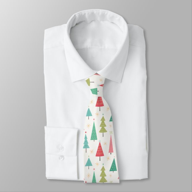 Retro Merry Christmas Trees Fun Holiday Pattern Neck Tie (Tied)