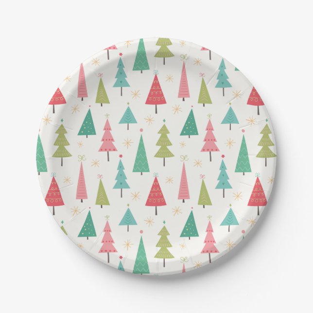 Retro Merry Christmas Trees Fun Holiday Pattern Paper Plates (Front)
