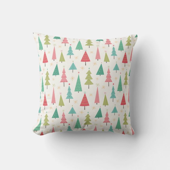Retro Merry Christmas Trees Fun Holiday Pattern Throw Pillow (Front)
