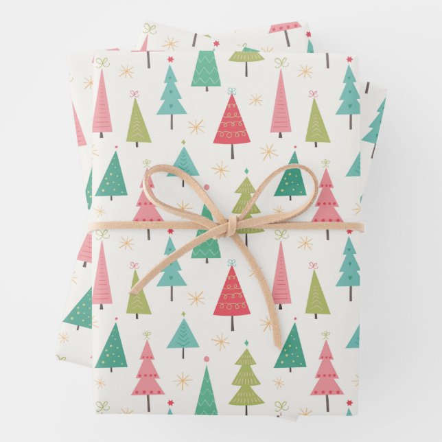 Retro Merry Christmas Trees Fun Holiday Pattern Wrapping Paper Sheets (In situ)