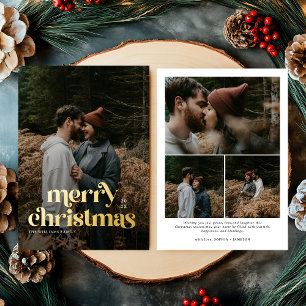 Retro Merry Christmas Trendy photo family  Foil Holiday Card
