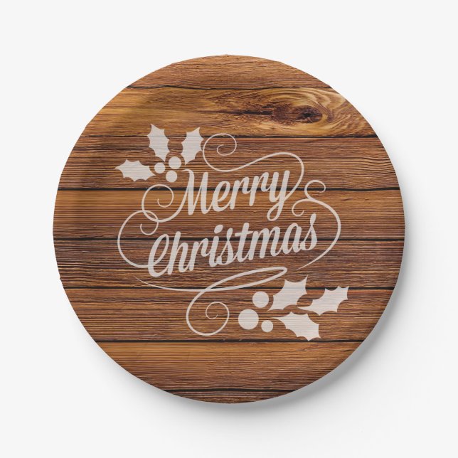 Retro Merry Christmas Typography Barn Wood Paper Plates (Front)