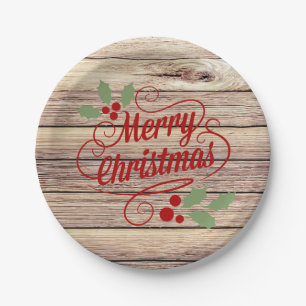Retro Merry Christmas Typography Birch Wood Paper Plates
