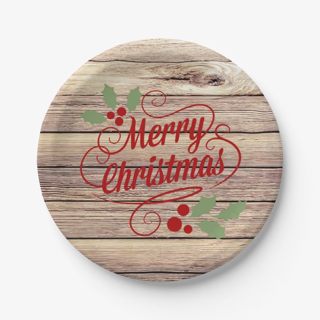 Retro Merry Christmas Typography Birch Wood Paper Plates (Front)
