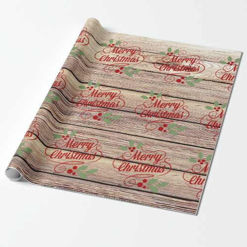 Retro Merry Christmas Typography Birch Wood Wrapping Paper