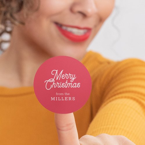RETRO MERRY CHRISTMAS TYPOGRAPHY ON RED CLASSIC ROUND STICKER