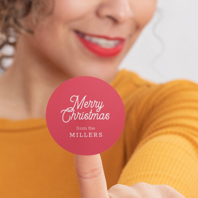 RETRO MERRY CHRISTMAS TYPOGRAPHY ON RED CLASSIC ROUND STICKER (Creator Uploaded)