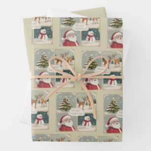 Retro Merry Christmas Vintage Santa Claus Tree Wrapping Paper Sheets