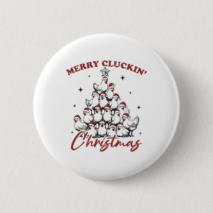 Retro Merry Cluckin Christmas Chicken Tree Farm An Button