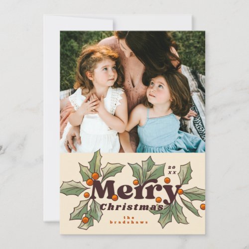 Retro Merry Holly Photo Holiday Card