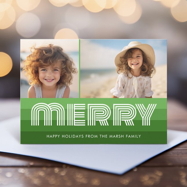 Retro Merry Line Art Green - 2 Photo - 70s Vibe Holiday Card (Retro Stripe Christmas Card with 2 Photos - Vibrant Olive Green Shades - Print and Download Option)