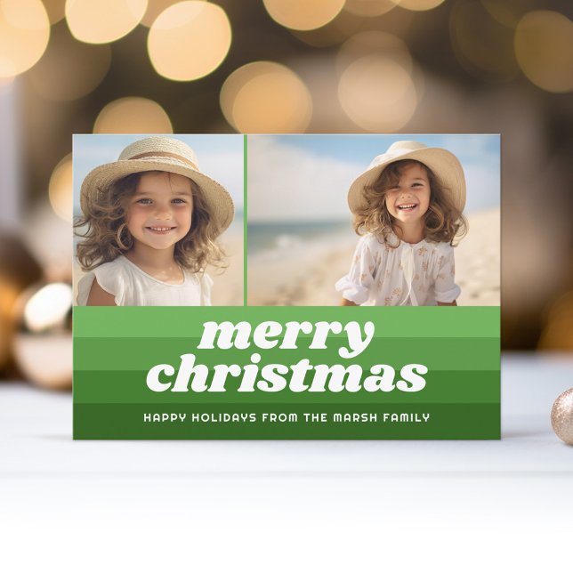 Retro Merry Line Art Green - 2 Photo - 70s Vibe Holiday Card (Retro Stripe Christmas Card with 2 Photos - Vibrant Olive Green Shades - Print and Download Option)