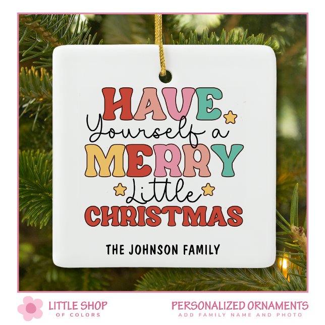 Retro Merry Little Christmas Photo Ceramic Ornament (Creator Uploaded)