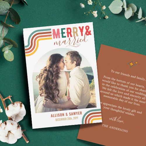 Retro Merry  Married 1 Photo Minimalist Holiday Thank You Card