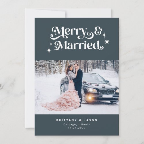 Retro Merry  Married Minimalist Photo Blue Holiday Card