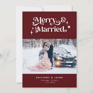 Retro Merry & Married Minimalist Photo Red Holiday Card