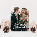 Retro Merry & Married Photo Overlay Text Holiday Card<br><div class="desc">Retro and minimalistic holiday vertical 2-photo card (1 horizontal and 1 square) for the newlyweds celebrating their first Christmas together as husband and wife featuring a text with stars that says "Merry & Married." The text is positioned on top of your photo.</div>