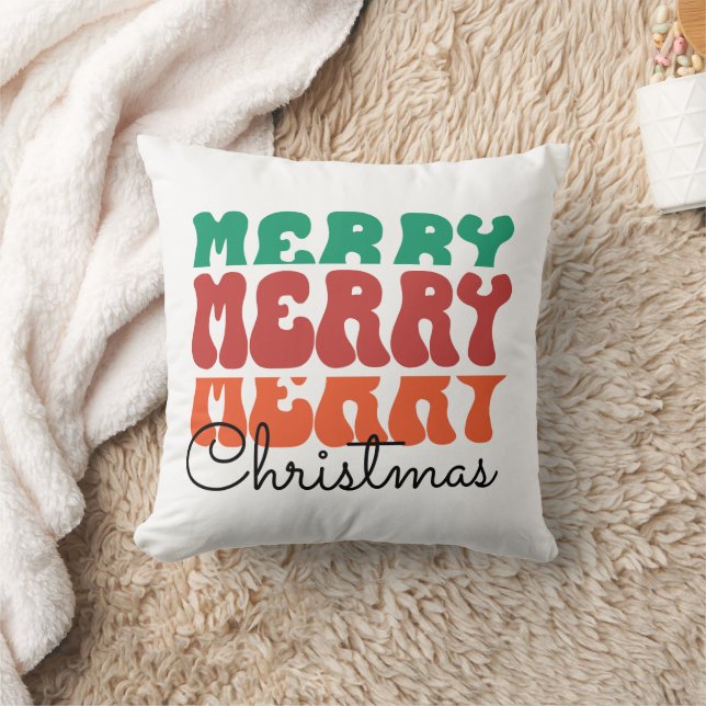 Retro Merry Merry Christmas  Throw Pillow (Blanket)