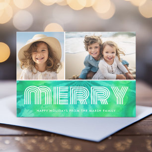 Retro MERRY - Tie-Dye Teal - 2 Photo - 70s Vibe Holiday Card