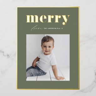 Retro Merry Typography Taupe Green Photo Christmas Foil Holiday Postcard