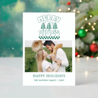Retro Merry Vibes Christmas Holidays Photo Letterpress Photo Cards