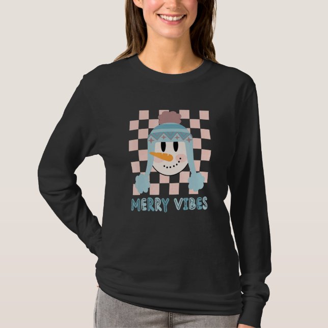 Retro Merry Vibes Christmas Snowman Groovy Happy H T-Shirt (Front)